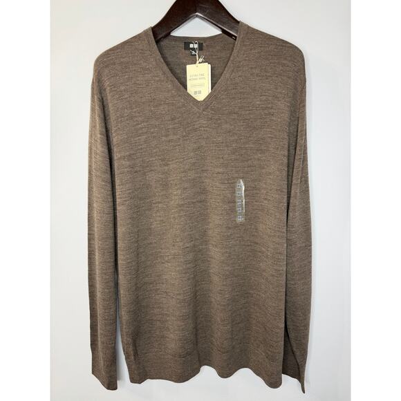 Uniqlo V neck Merino Wool Grey Sweater Brown Men's XL New - Picture 1 of 10